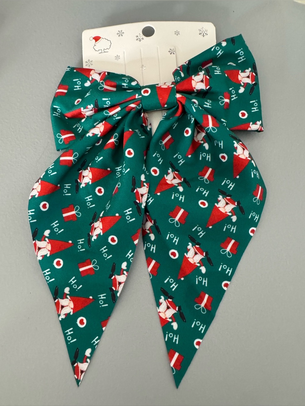 Holiday Christmas gnome Green Bow Hair Clip with Santa Print